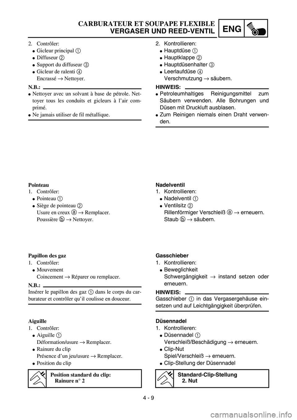 YAMAHA YZ85 2003  Owners Manual 4 - 9
ENG
CARBURATEUR ET SOUPAPE FLEXIBLE
VERGASER UND REED-VENTIL
2. Contrôler:
Gicleur principal 1 
Diffuseur 2 
Support du diffuseur 3 
Gicleur de ralenti 4 
Encrassé → Nettoyer.
N.B.:
Net