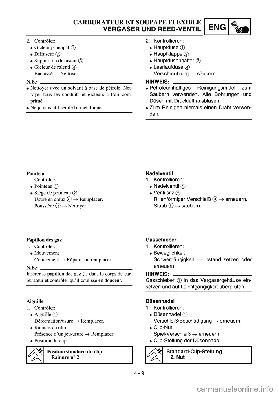 YAMAHA YZ85 2003  Betriebsanleitungen (in German) 4 - 9
ENG
CARBURATEUR ET SOUPAPE FLEXIBLE
VERGASER UND REED-VENTIL
2. Contrôler:
Gicleur principal 1 
Diffuseur 2 
Support du diffuseur 3 
Gicleur de ralenti 4 
Encrassé → Nettoyer.
N.B.:
Net