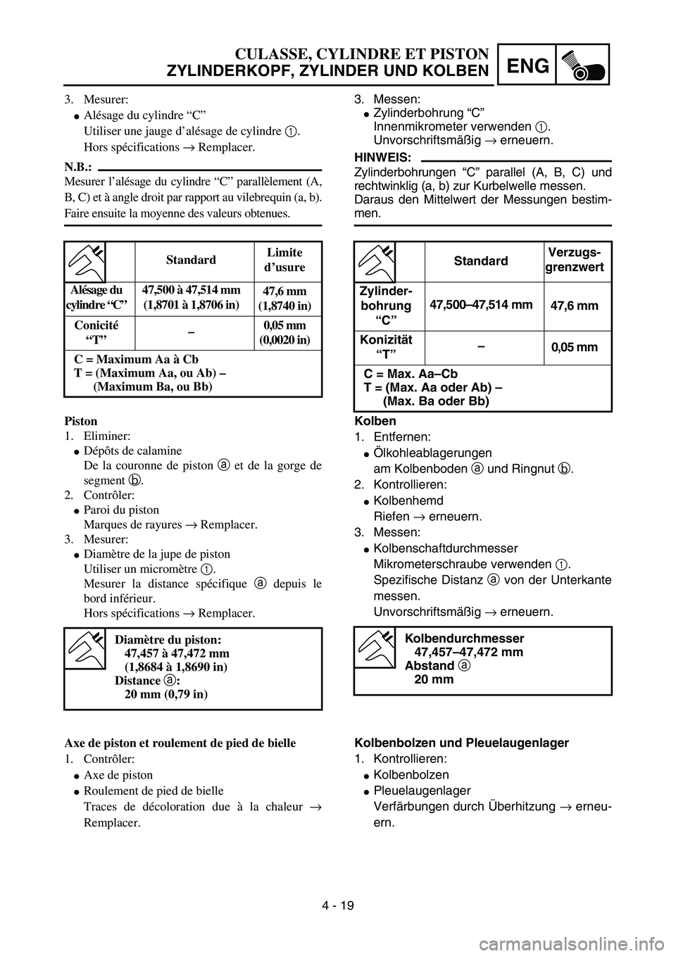 YAMAHA YZ85 2003  Owners Manual 4 - 19
ENG
3. Mesurer:
Alésage du cylindre “C”
Utiliser une jauge d’alésage de cylindre 1.
Hors spécifications → Remplacer.
N.B.:
Mesurer l’alésage du cylindre “C” parallèlement (A