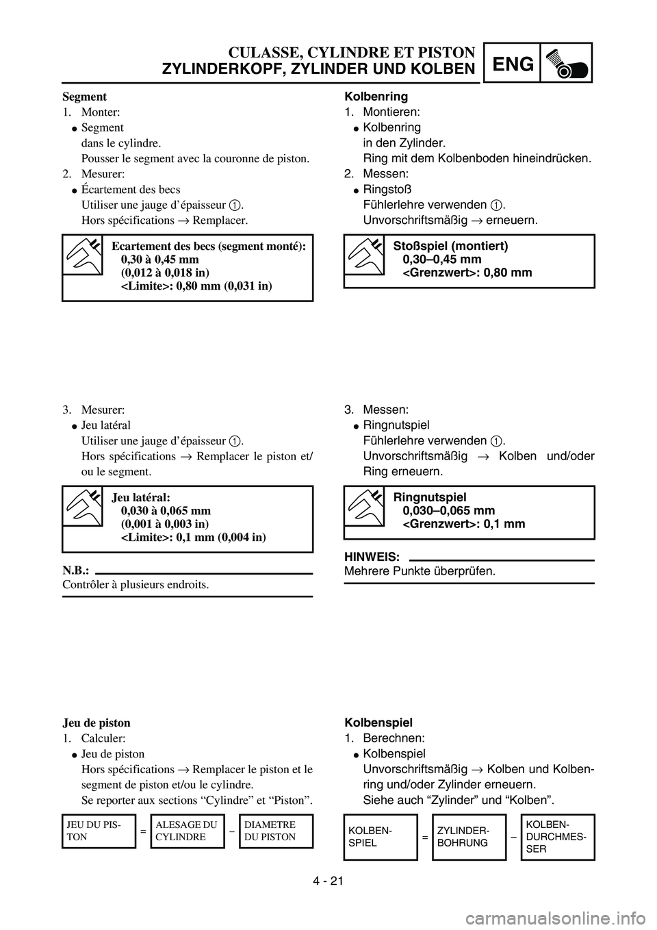 YAMAHA YZ85 2003  Owners Manual 4 - 21
ENG
Segment
1. Monter:
Segment
dans le cylindre.
Pousser le segment avec la couronne de piston.
2. Mesurer:
Écartement des becs
Utiliser une jauge d’épaisseur 1.
Hors spécifications → 