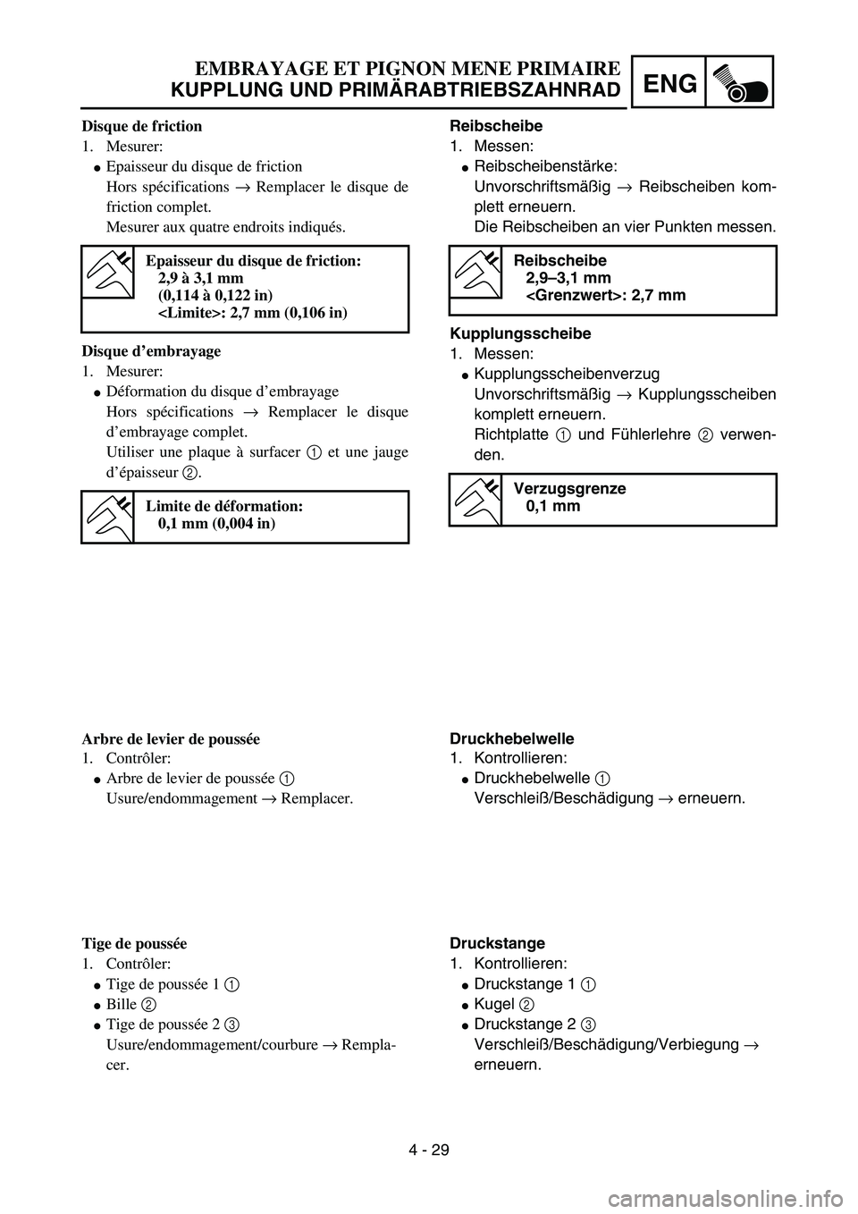YAMAHA YZ85 2003  Owners Manual 4 - 29
ENG
Disque de friction
1. Mesurer:
Epaisseur du disque de friction
Hors spécifications → Remplacer le disque de
friction complet.
Mesurer aux quatre endroits indiqués.
Disque d’embrayage