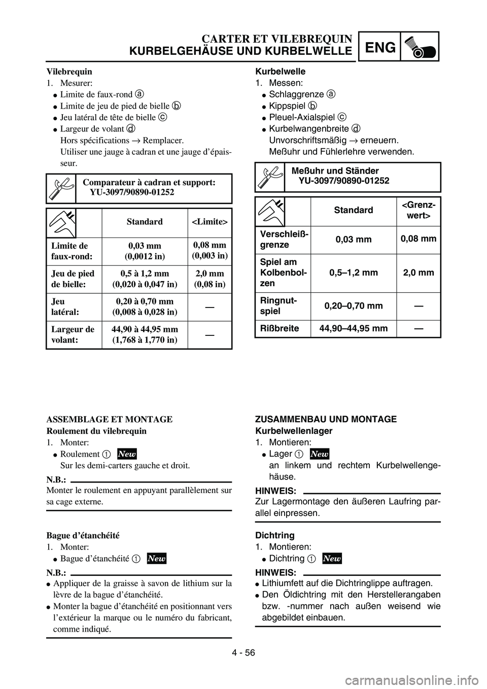 YAMAHA YZ85 2003  Owners Manual 4 - 56
ENG
Vilebrequin
1. Mesurer:
Limite de faux-rond a 
Limite de jeu de pied de bielle b 
Jeu latéral de tête de bielle c 
Largeur de volant d 
Hors spécifications → Remplacer.
Utiliser un