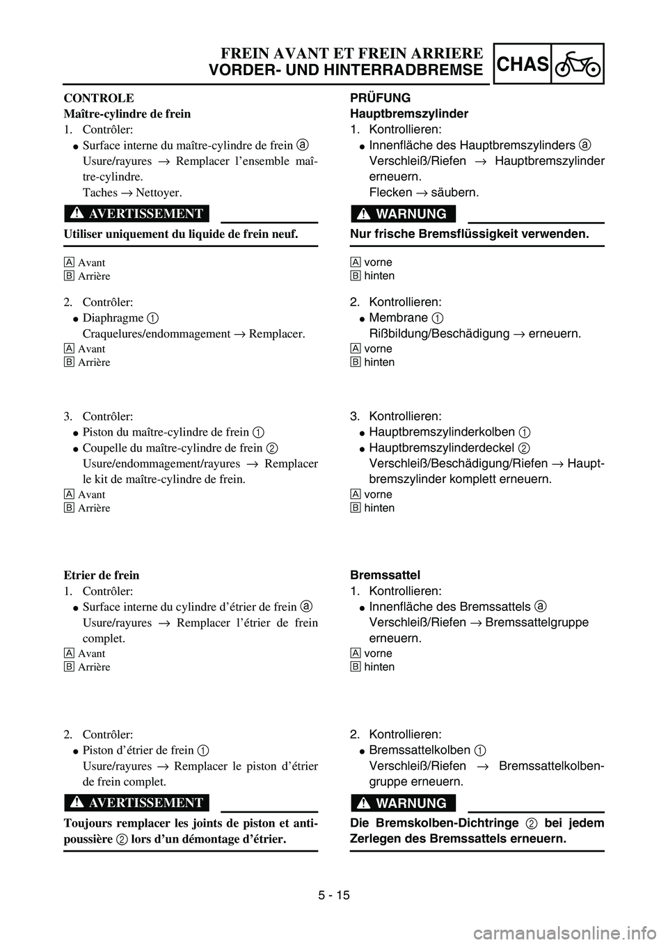 YAMAHA YZ85 2003  Owners Manual 5 - 15
CHAS
CONTROLE
Maître-cylindre de frein
1. Contrôler:
Surface interne du maître-cylindre de frein a 
Usure/rayures → Remplacer l’ensemble maî-
tre-cylindre.
Taches → Nettoyer.
AVERTIS