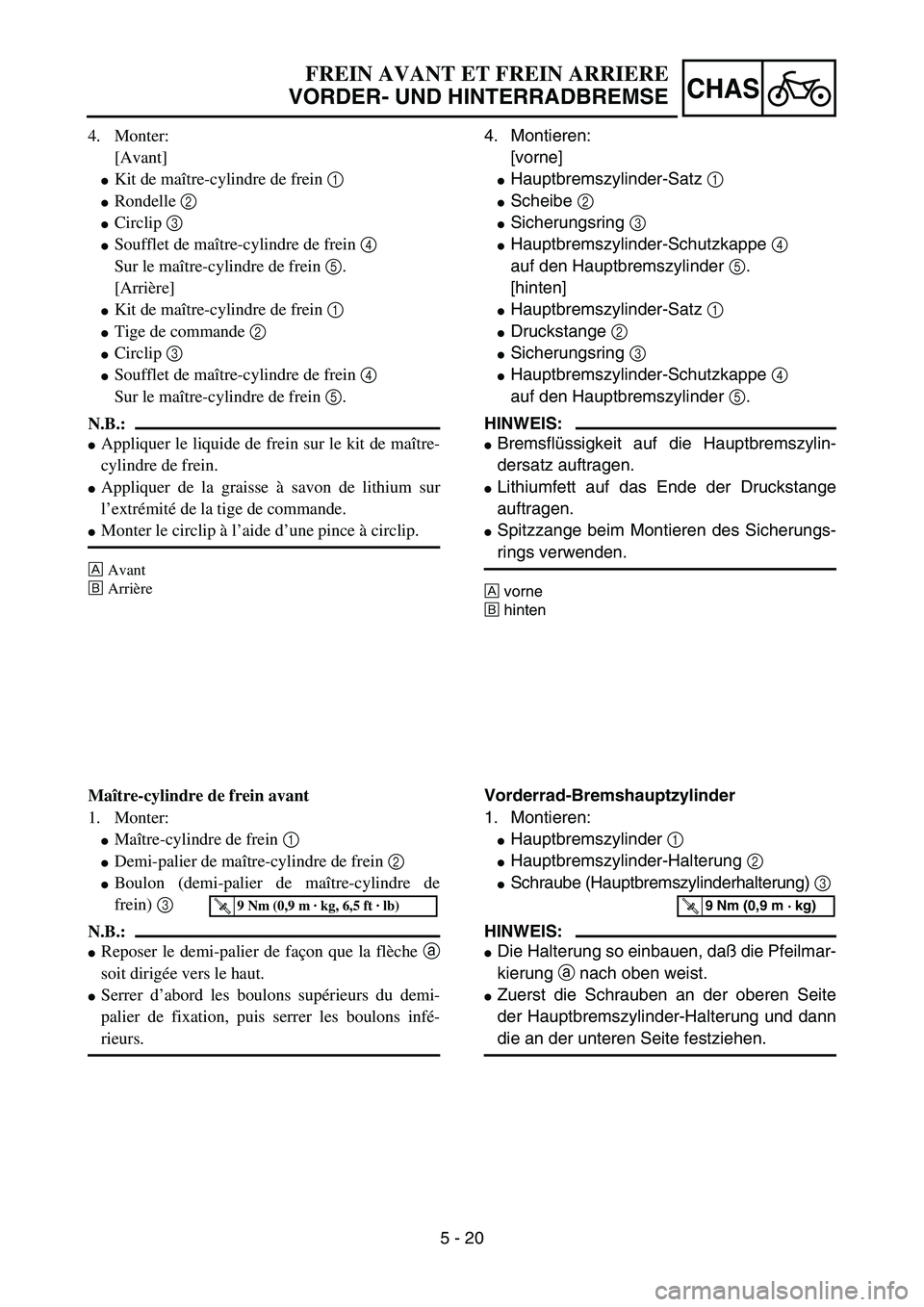YAMAHA YZ85 2003  Owners Manual 5 - 20
CHAS
4. Monter:
[Avant]
Kit de maître-cylindre de frein 1 
Rondelle 2 
Circlip 3 
Soufflet de maître-cylindre de frein 4 
Sur le maître-cylindre de frein 5. 
[Arrière]
Kit de maître-c