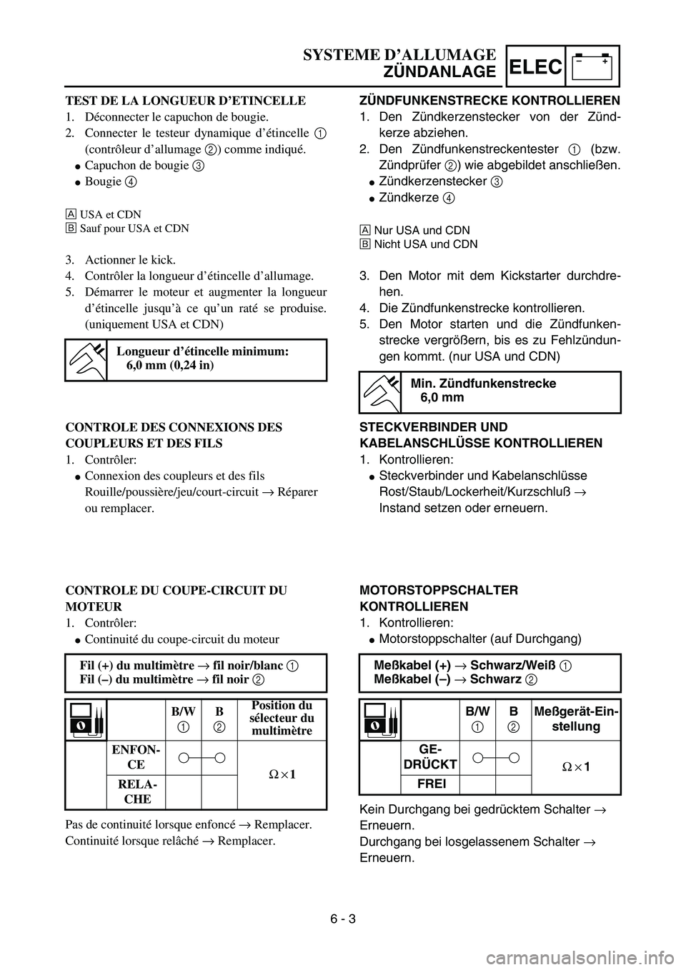 YAMAHA YZ85 2003  Notices Demploi (in French) –+ELEC
SYSTEME D’ALLUMAGE
ZÜNDANLAGE
TEST DE LA LONGUEUR D’ETINCELLE
1. Déconnecter le capuchon de bougie.
2. Connecter le testeur dynamique d’étincelle 1
(contrôleur d’allumage 2) comme