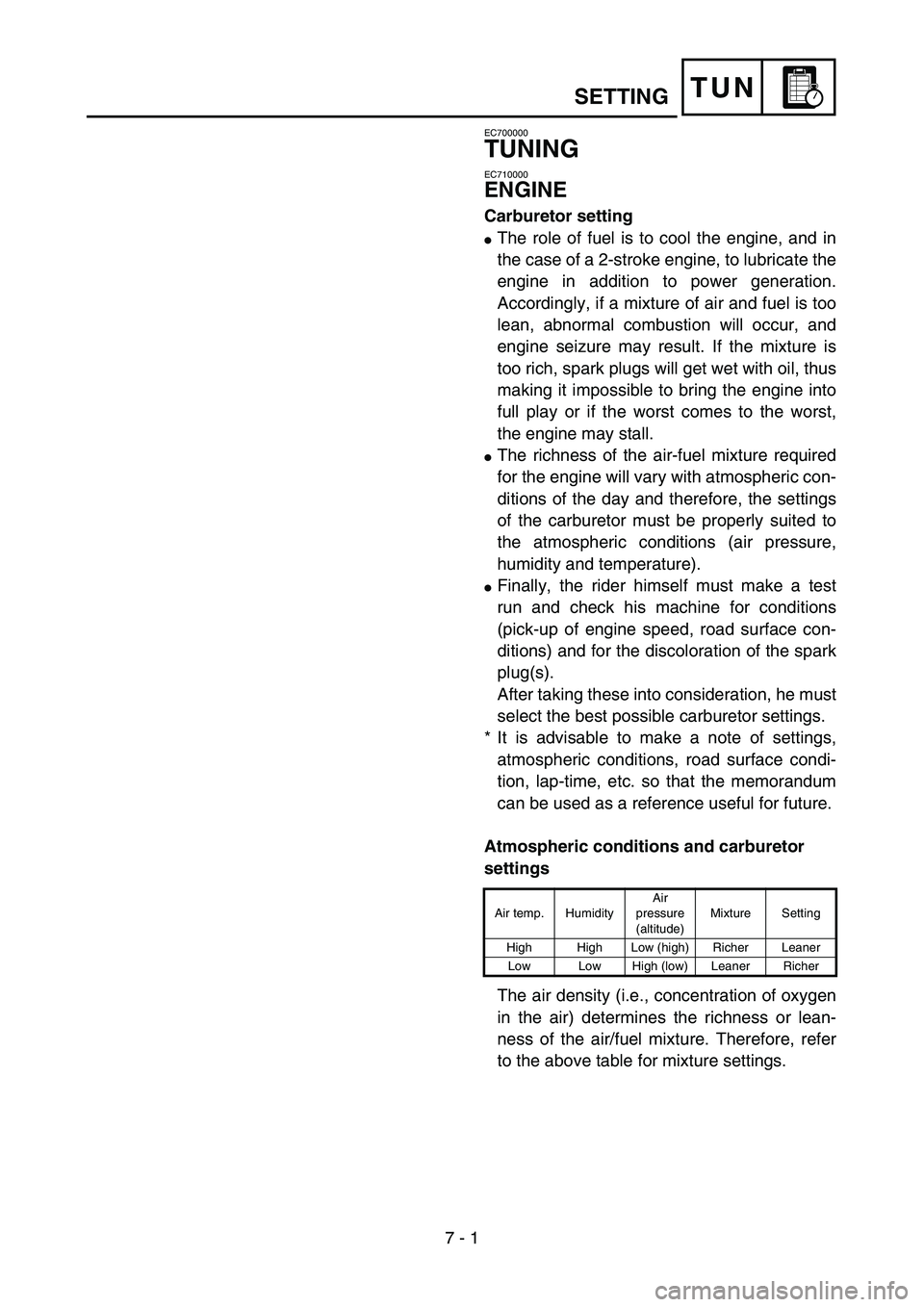YAMAHA YZ85 2003  Betriebsanleitungen (in German) 7 - 1
TUN
EC700000
TUNING
EC710000
ENGINE
Carburetor setting
The role of fuel is to cool the engine, and in
the case of a 2-stroke engine, to lubricate the
engine in addition to power generation.
Acc