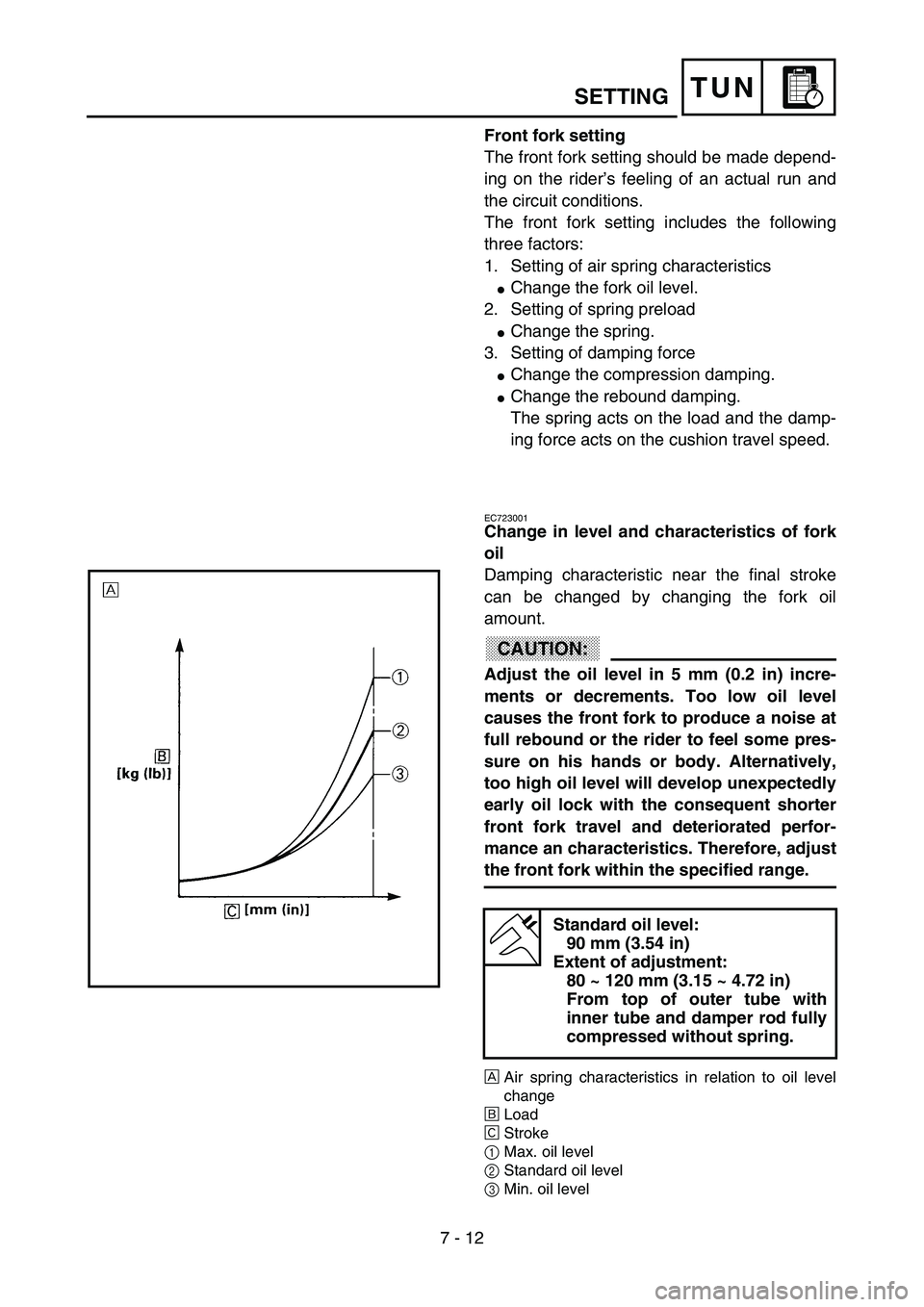 YAMAHA YZ85 2003  Notices Demploi (in French) 7 - 12
TUN
Front fork setting
The front fork setting should be made depend-
ing on the rider’s feeling of an actual run and
the circuit conditions.
The front fork setting includes the following
thre