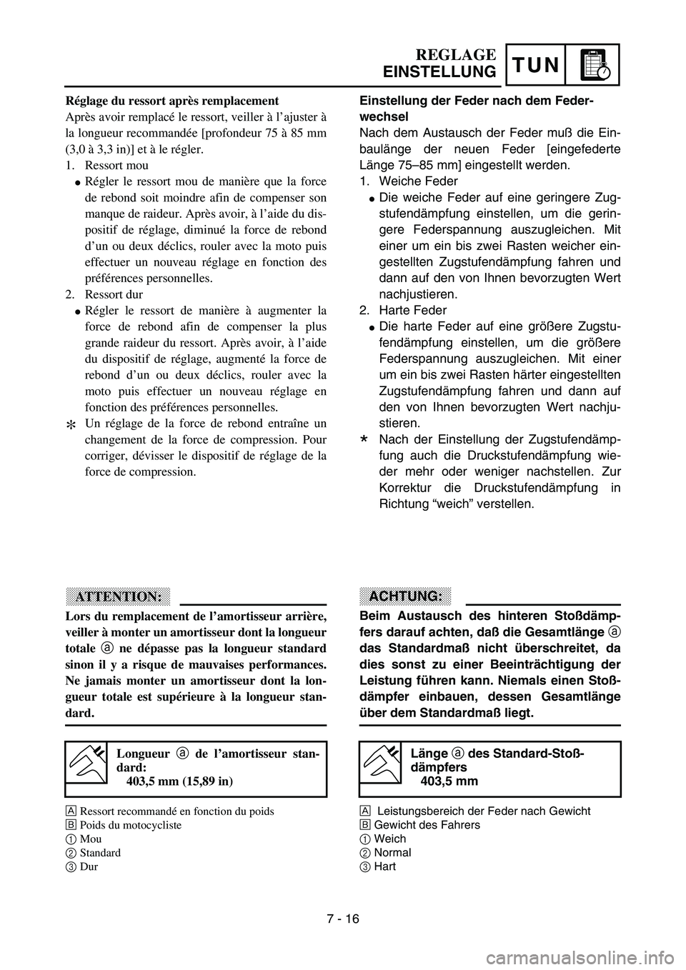 YAMAHA YZ85 2003  Notices Demploi (in French) TUN
Réglage du ressort après remplacement
Après avoir remplacé le ressort, veiller à l’ajuster à
la longueur recommandée [profondeur 75 à 85 mm
(3,0 à 3,3 in)] et à le régler.
1. Ressort 