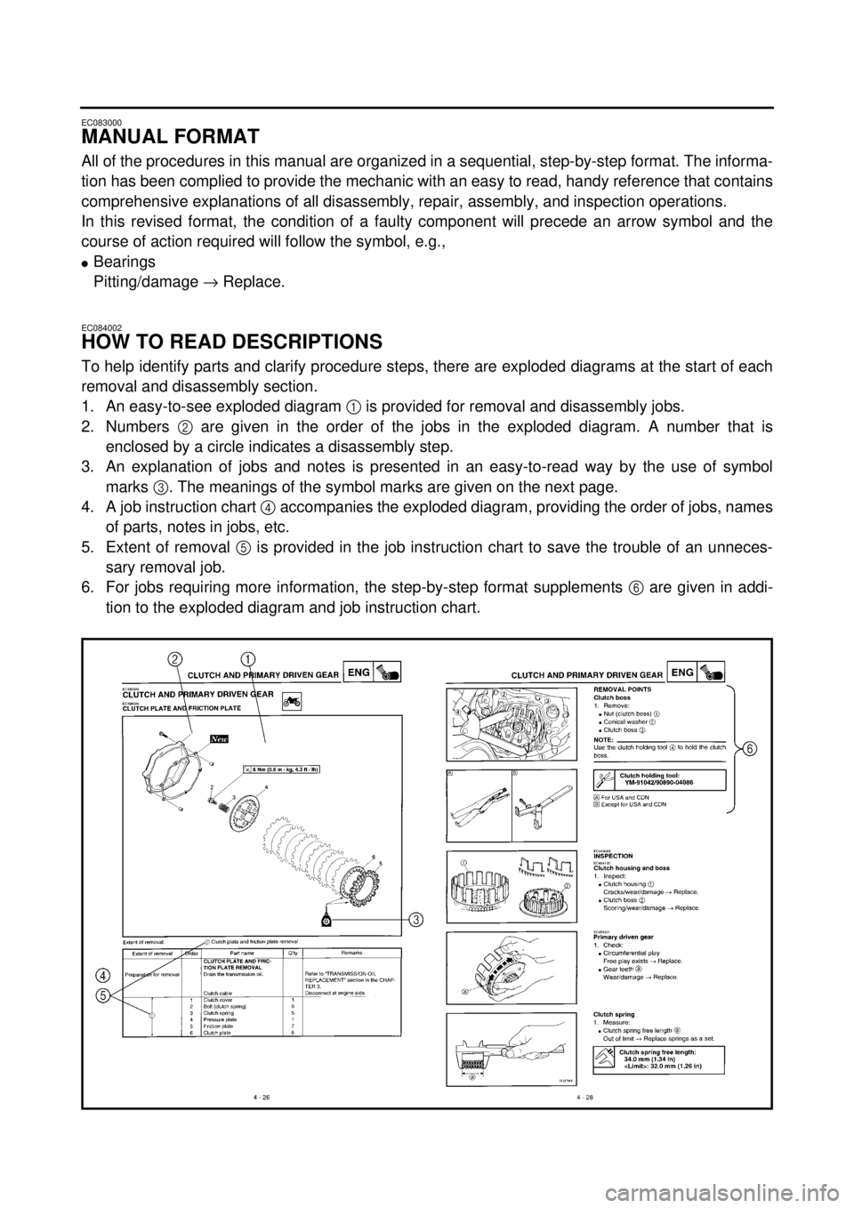 YAMAHA YZ85 2002  Notices Demploi (in French) EC083000
MANUAL FORMAT
All of the procedures in this manual are organized in a sequential, step-by-step format. The informa-
tion has been complied to provide the mechanic with an easy to read, handy 