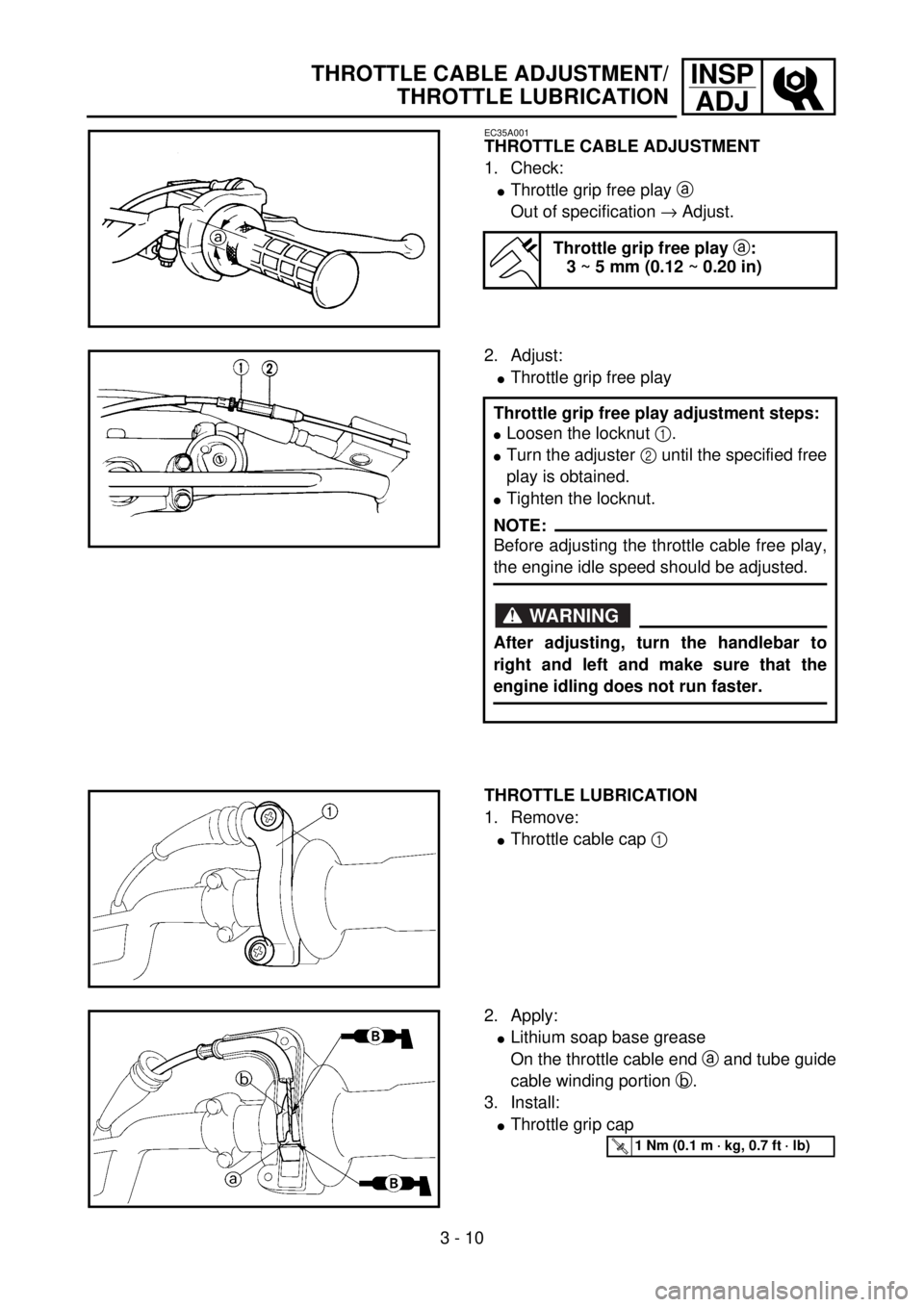 YAMAHA YZ85 2002 Notices Demploi (in French) 3 - 10
INSP
ADJTHROTTLE CABLE ADJUSTMENT/
THROTTLE LUBRICATION
EC35A001
THROTTLE CABLE ADJUSTMENT
1. Check:
lThrottle grip free play a
Out of specification ® Adjust.
Throttle grip free play
a:
3 ~ YAMAHA YZ85 2002 Notices Demploi (in French) 3 - 10
INSP
ADJTHROTTLE CABLE ADJUSTMENT/
THROTTLE LUBRICATION
EC35A001
THROTTLE CABLE ADJUSTMENT
1. Check:
lThrottle grip free play a
Out of specification ® Adjust.
Throttle grip free play
a:
3 ~