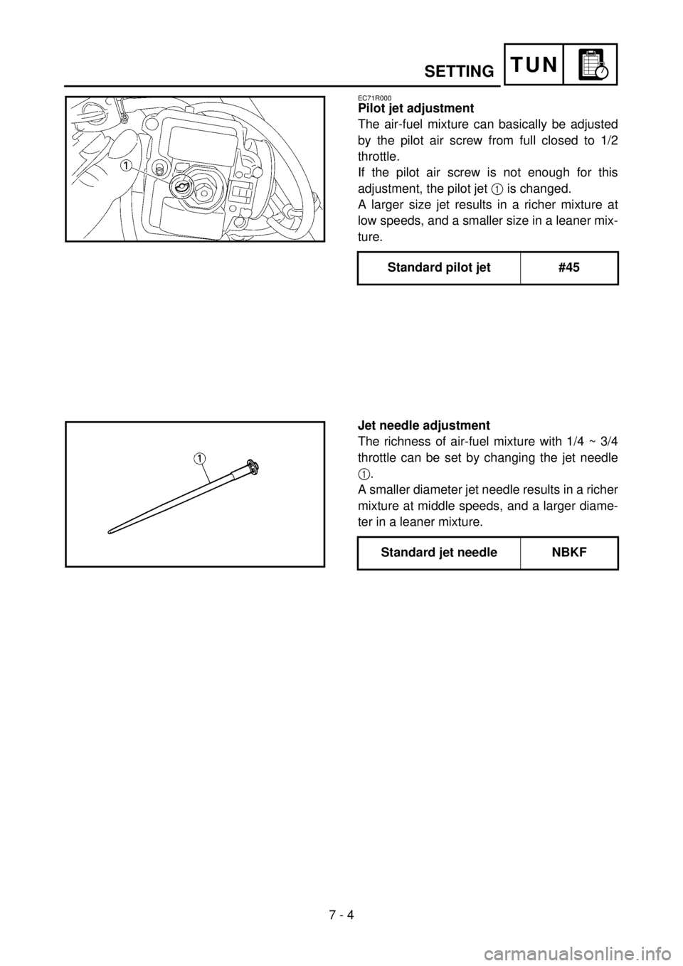 YAMAHA YZ85 2002 Notices Demploi (in French) 7 - 4
TUNSETTING
EC71R000
Pilot jet adjustment
The air-fuel mixture can basically be adjusted
by the pilot air screw from full closed to 1/2
throttle.
If the pilot air screw is not enough for this
adj YAMAHA YZ85 2002 Notices Demploi (in French) 7 - 4
TUNSETTING
EC71R000
Pilot jet adjustment
The air-fuel mixture can basically be adjusted
by the pilot air screw from full closed to 1/2
throttle.
If the pilot air screw is not enough for this
adj
