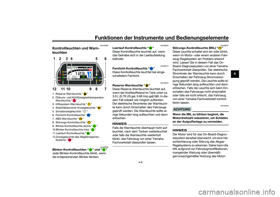 YAMAHA YZF-R1 2022  Betriebsanleitungen (in German) Funktionen der Instrumente und Bedienungselemente
4-6
4
GAU4939R
Kontrollleuchten und Warn-
leuchten
GAU88280
Blinker-Kontrollleuchten “ ” und “ ”
Jede Blinker-Kontrollleuchte blinkt, wenn 
di