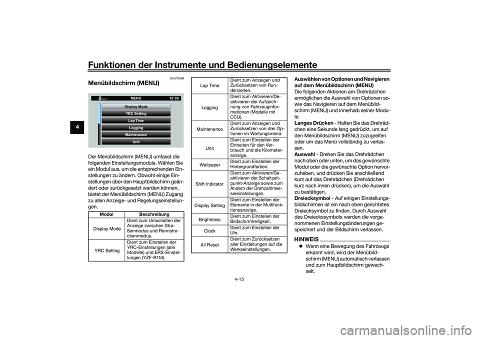 YAMAHA YZF-R1M 2022 Betriebsanleitungen (in German) Funktionen der Instrumente und Bedienungselemente
4-15
4
GAU7929B
Menübildschirm (MENU) Der Menübildschirm (MENU) umfasst die
folgenden Einstellungsmodule. Wählen Sie
ein Modul aus, um die entspr YAMAHA YZF-R1M 2022 Betriebsanleitungen (in German) Funktionen der Instrumente und Bedienungselemente
4-15
4
GAU7929B
Menübildschirm (MENU) Der Menübildschirm (MENU) umfasst die
folgenden Einstellungsmodule. Wählen Sie
ein Modul aus, um die entspr