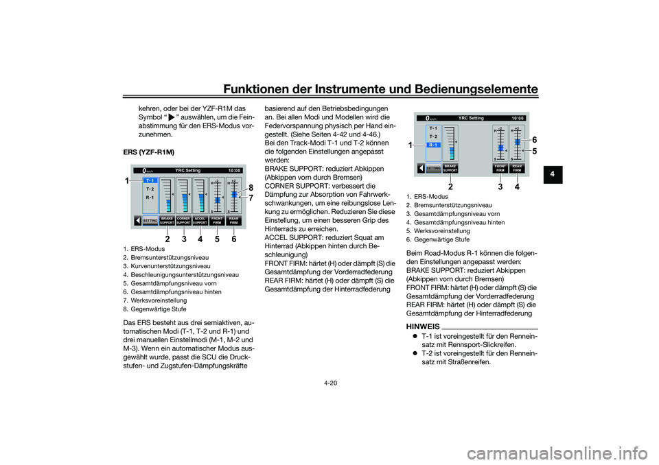 YAMAHA YZF-R1 2022  Betriebsanleitungen (in German) Funktionen der Instrumente und Bedienungselemente
4-20
4
kehren, oder bei der YZF-R1M das 
Symbol “ ” auswählen, um die Fein-
abstimmung für den ERS-Modus vor-
zunehmen.
ERS (YZF-R1M)
Das ERS be