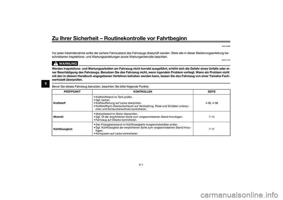 YAMAHA YZF-R1 2022  Betriebsanleitungen (in German) Zu Ihrer Sicherheit – Routinekontrolle vor Fahrtbeginn
5-1
5
GAU1559B
Vor jeder Inbetriebnahme sollte der sichere Fahrzustand des Fahrzeugs überprüft werden. Stets alle in dieser Bedienungsanleitu
