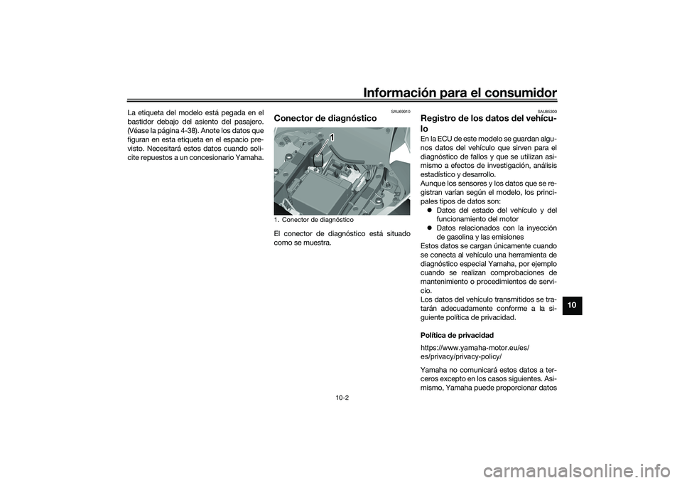 YAMAHA YZF-R1 2022  Manuale de Empleo (in Spanish) Información para el consumidor
10-2
10
La etiqueta del modelo está pegada en el
bastidor debajo del asiento del pasajero.
(Véase la página 4-38). Anote los datos que
figuran en esta etiqueta en el