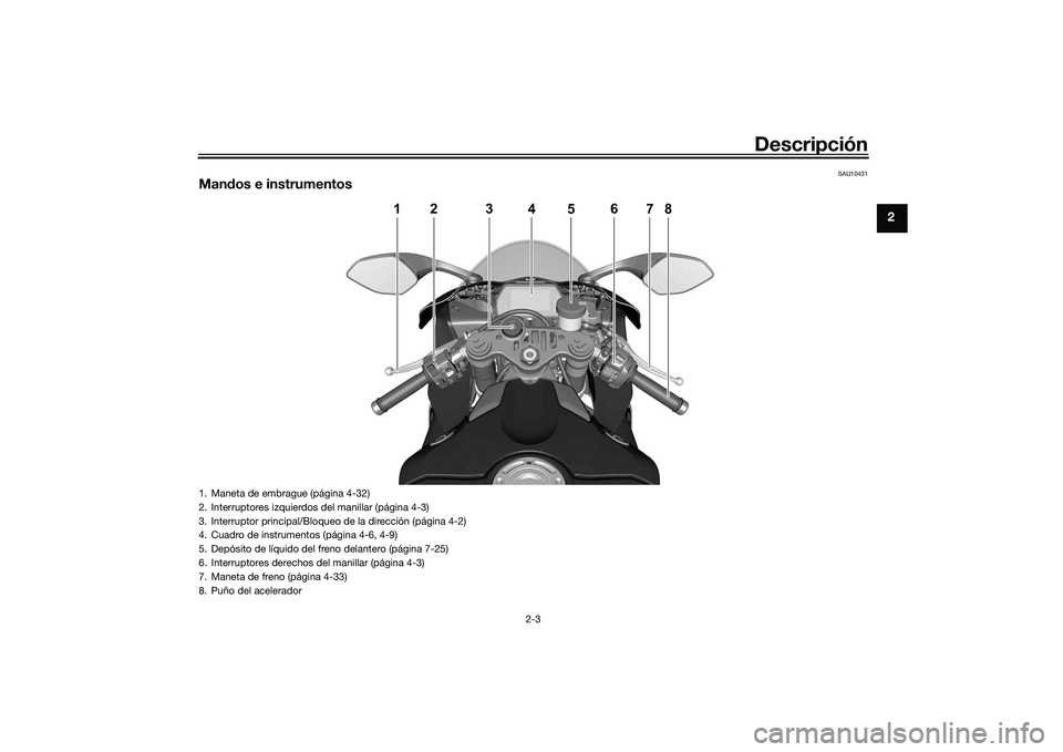 YAMAHA YZF-R1 2022  Manuale de Empleo (in Spanish) Descripción
2-3
2
SAU10431
Mandos e instrumentos
1
2
4
5
6
7
8
3
1. Maneta de embrague (página 4-32)
2. Interruptores izquierdos del manillar (página 4-3)
3. Interruptor principal/Bloqueo de la dir