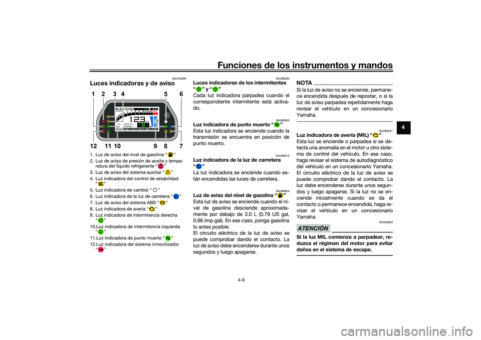 YAMAHA YZF-R1M 2022  Manuale de Empleo (in Spanish) Funciones de los instrumentos y mandos
4-6
4
SAU4939R
Luces indicadoras y de aviso
SAU88280
Luces indicadoras de los intermitentes 
“” y“”
Cada luz indicadora parpadea cuando el
correspondient