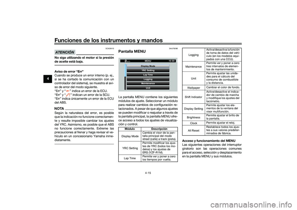 YAMAHA YZF-R1M 2022  Manuale de Empleo (in Spanish) Funciones de los instrumentos y mandos
4-15
4
ATENCIÓN
SCA26410
No siga utilizando el motor si la presión
de aceite está baja.Aviso de error “Err”
Cuando se produce un error interno (p. ej.,
si