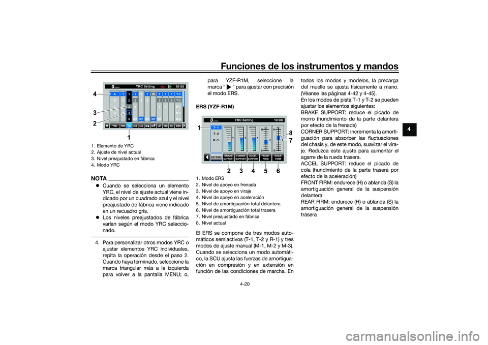 YAMAHA YZF-R1 2022  Manuale de Empleo (in Spanish) Funciones de los instrumentos y mandos
4-20
4
NOTACuando se selecciona un elemento
YRC, el nivel de ajuste actual viene in-
dicado por un cuadrado azul y el nivel
preajustado de fábrica viene indi