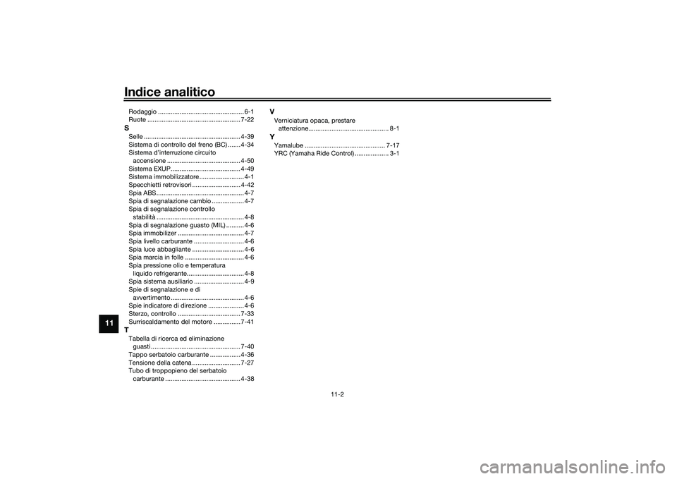 YAMAHA YZF-R1M 2022  Manuale duso (in Italian) Indice analitico
11-2
11
Rodaggio ................................................ 6-1
Ruote .................................................... 7-22SSelle ...........................................