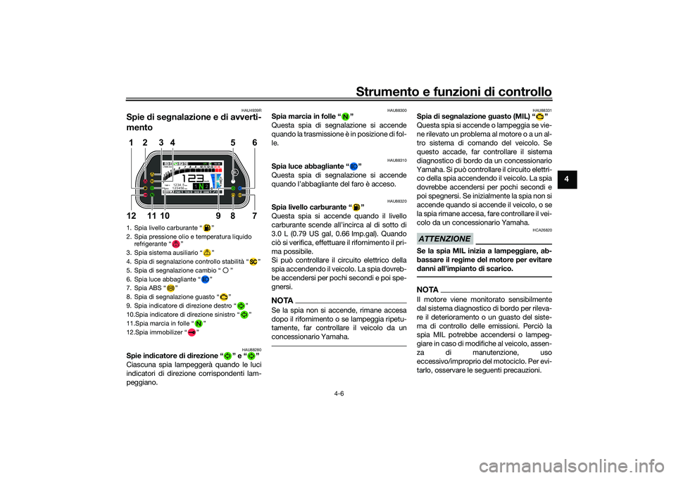 YAMAHA YZF-R1M 2022  Manuale duso (in Italian) Strumento e funzioni di controllo
4-6
4
HAU4939R
Spie di segnalazione e di avverti-
mento
HAU88280
Spie indicatore di direzione “ ” e “ ”
Ciascuna spia lampeggerà quando le luci
indicatori di