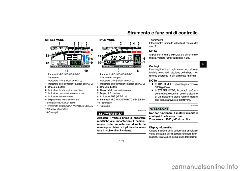 YAMAHA YZF-R1M 2022  Manuale duso (in Italian) Strumento e funzioni di controllo
4-10
4
STREET MODETRACK MODE
AVVERTENZA
HWA18210
Arrestare il veicolo prima di apportare
modifiche alle impostazioni. Il cambia-
mento delle impostazioni durante la
m