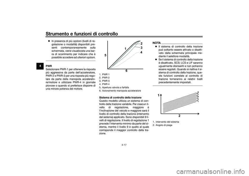 YAMAHA YZF-R1M 2022  Manuale duso (in Italian) Strumento e funzioni di controllo
4-17
4
In presenza di più opzioni (livelli di re-
golazione o modalità) disponibili pre-
senti contemporaneamente sulla
schermata, viene visualizzata una bar-
ra