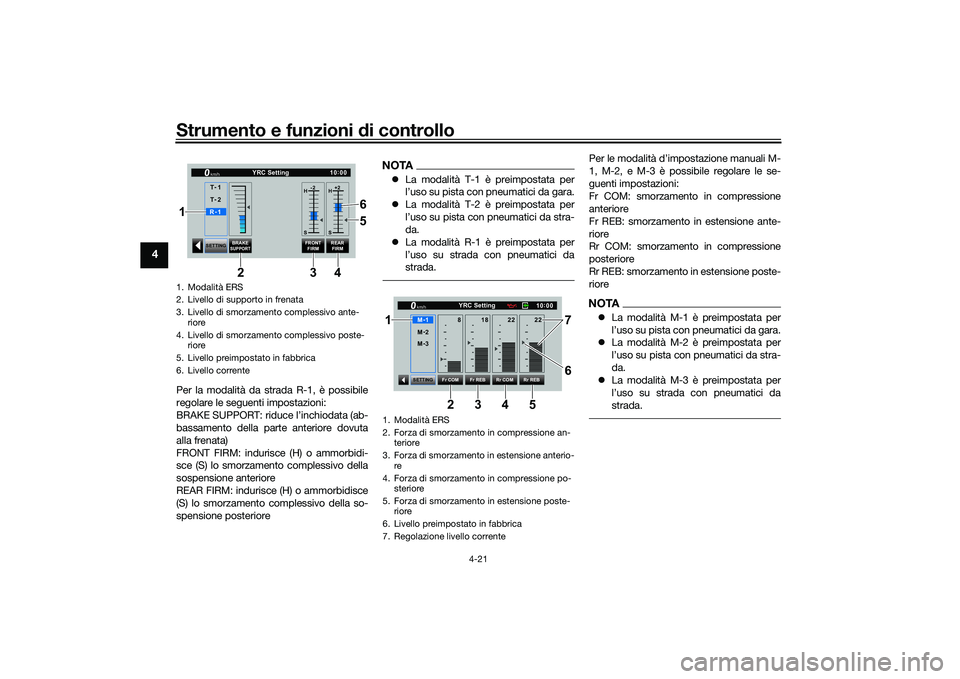 YAMAHA YZF-R1M 2022  Manuale duso (in Italian) Strumento e funzioni di controllo
4-21
4
Per la modalità da strada R-1, è possibile
regolare le seguenti impostazioni:
BRAKE SUPPORT: riduce l’inchiodata (ab-
bassamento della parte anteriore dovu