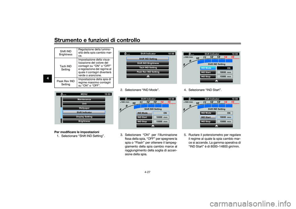 YAMAHA YZF-R1M 2022  Manuale duso (in Italian) Strumento e funzioni di controllo
4-27
4
Per modificare le impostazioni1. Selezionare “Shift IND Setting”. 2. Selezionare “IND Mode”.
3. Selezionare “ON” per l’illuminazione
fissa della 