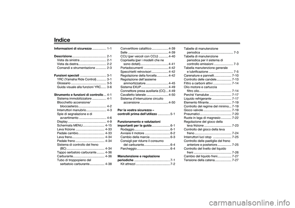 YAMAHA YZF-R1 2022  Manuale duso (in Italian) IndiceInformazioni  di sicurezza ................ 1-1
Descrizione ....................................... 2-1
Vista da sinistra .............................. 2-1
Vista da destra......................