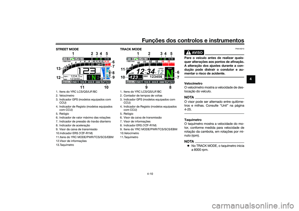 YAMAHA YZF-R1 2022 Manual de utilização (in Portuguese) Funções dos controlos e instrumentos
4-10
4
STREET MODETRACK MODE
AVISO
PWA18210
Pare o veículo antes de realizar quais-
quer alterações aos pontos de afinação.
A alteração dos ajustes durant YAMAHA YZF-R1 2022 Manual de utilização (in Portuguese) Funções dos controlos e instrumentos
4-10
4
STREET MODETRACK MODE
AVISO
PWA18210
Pare o veículo antes de realizar quais-
quer alterações aos pontos de afinação.
A alteração dos ajustes durant