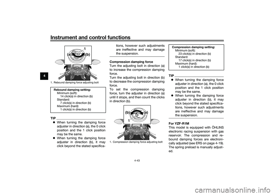 YAMAHA YZF-R1M 2020 Repair Manual Instrument and control functions
4-43
4
TIP When turning the damping force
adjuster in direction (a), the 0 click
position and the 1 click position
may be the same.
When turning the damping for YAMAHA YZF-R1M 2020 Repair Manual Instrument and control functions
4-43
4
TIP When turning the damping force
adjuster in direction (a), the 0 click
position and the 1 click position
may be the same.
When turning the damping for
