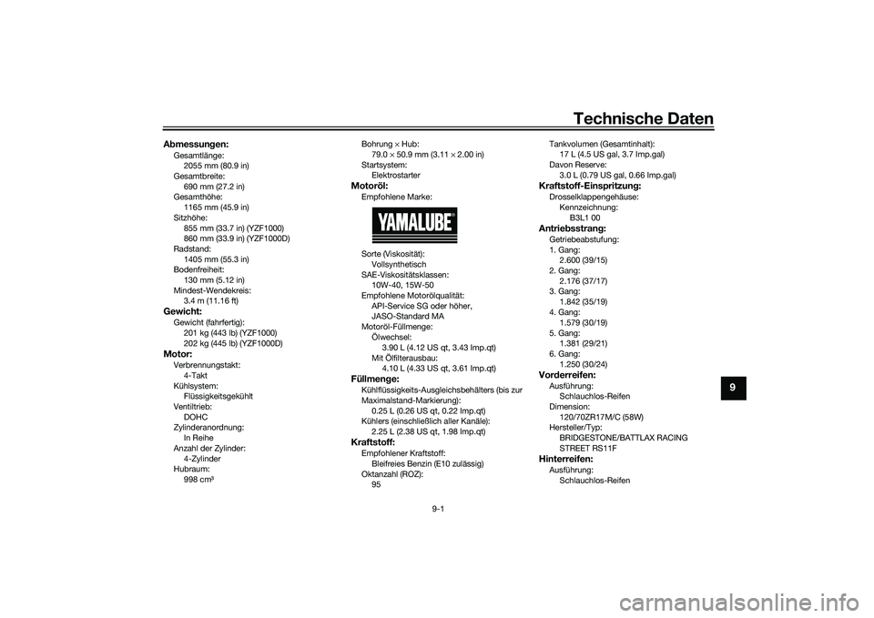 YAMAHA YZF-R1M 2020 Betriebsanleitungen (in German) Technische Daten
9-1
9
Abmessun gen:Gesamtlänge:
2055 mm (80.9 in)
Gesamtbreite:
690 mm (27.2 in)
Gesamthöhe: 1165 mm (45.9 in)
Sitzhöhe: 855 mm (33.7 in) (YZF1000)
860 mm (33.9 in) (YZF1000D)
Rads YAMAHA YZF-R1M 2020 Betriebsanleitungen (in German) Technische Daten
9-1
9
Abmessun gen:Gesamtlänge:
2055 mm (80.9 in)
Gesamtbreite:
690 mm (27.2 in)
Gesamthöhe: 1165 mm (45.9 in)
Sitzhöhe: 855 mm (33.7 in) (YZF1000)
860 mm (33.9 in) (YZF1000D)
Rads
