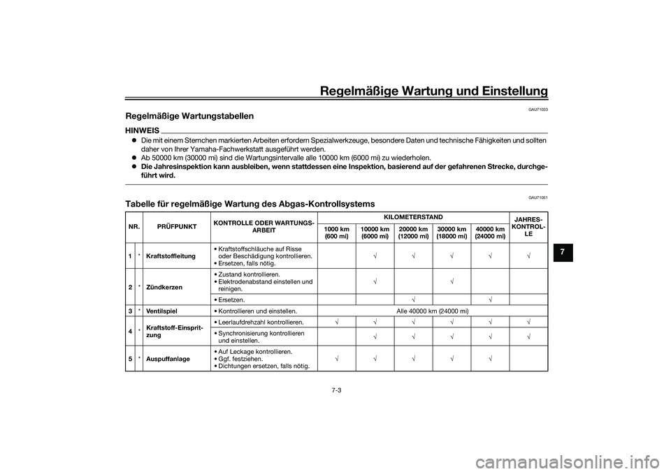 YAMAHA YZF-R1M 2020 Betriebsanleitungen (in German) Regelmäßi ge Wartun g und Einstellun g
7-3
7
GAU71033
Regelmäßig e Wartun gsta bellenHINWEIS Die mit einem Sternchen markierten Arbeiten erfordern Spezialwer kzeuge, besondere Daten und techni YAMAHA YZF-R1M 2020 Betriebsanleitungen (in German) Regelmäßi ge Wartun g und Einstellun g
7-3
7
GAU71033
Regelmäßig e Wartun gsta bellenHINWEIS Die mit einem Sternchen markierten Arbeiten erfordern Spezialwer kzeuge, besondere Daten und techni