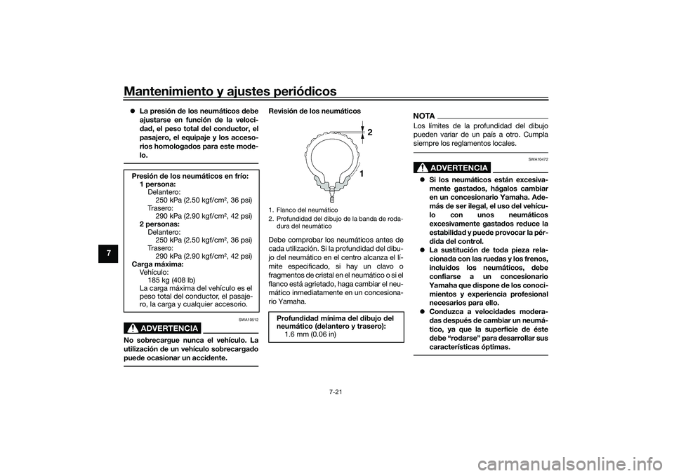 YAMAHA YZF-R1 2020 Manuale de Empleo (in Spanish) Mantenimiento y ajustes periódicos
7-21
7
La presión d e los neumáticos d ebe
ajustarse en función de la veloci-
d ad , el peso total del con ductor, el
pasajero, el equipaje y los acceso-
r YAMAHA YZF-R1 2020 Manuale de Empleo (in Spanish) Mantenimiento y ajustes periódicos
7-21
7
La presión d e los neumáticos d ebe
ajustarse en función de la veloci-
d ad , el peso total del con ductor, el
pasajero, el equipaje y los acceso-
r