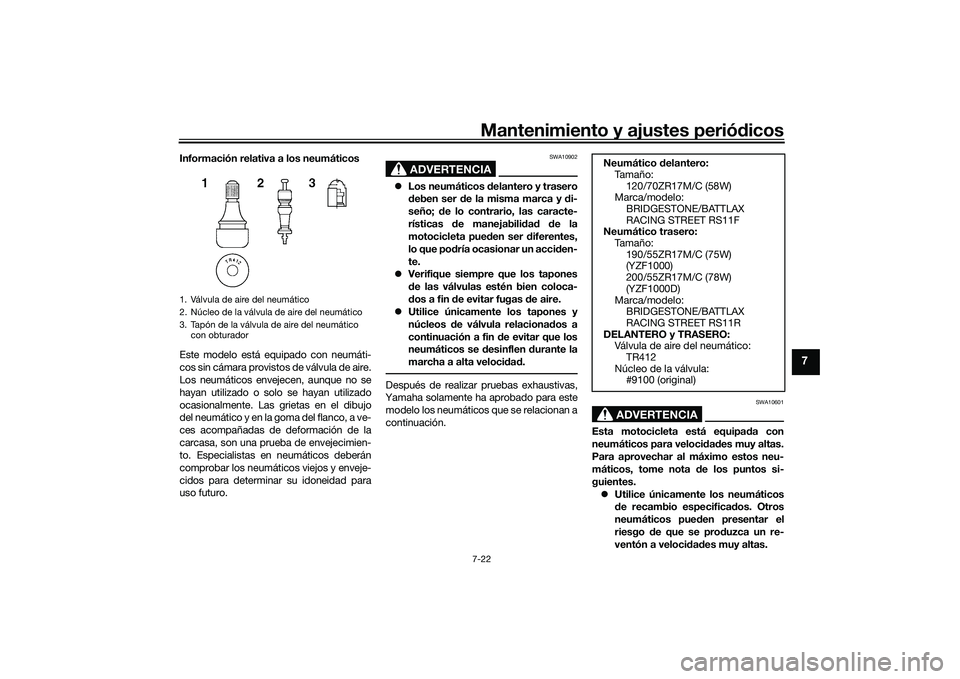 YAMAHA YZF-R1 2020 Manuale de Empleo (in Spanish) Mantenimiento y ajustes periódicos7-22
7
Información relativa a los neumáticos
Este modelo está equipado con neumáti-
cos sin cámara provistos de válvula de aire.
Los neumáticos envejecen, aun YAMAHA YZF-R1 2020 Manuale de Empleo (in Spanish) Mantenimiento y ajustes periódicos7-22
7
Información relativa a los neumáticos
Este modelo está equipado con neumáti-
cos sin cámara provistos de válvula de aire.
Los neumáticos envejecen, aun