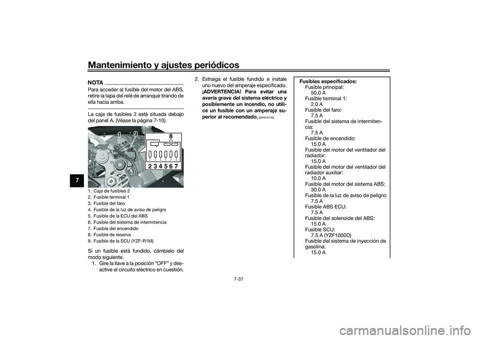 YAMAHA YZF-R1 2020 Manuale de Empleo (in Spanish) Mantenimiento y ajustes periódicos
7-37
7
NOTAPara acceder al fusible del motor del ABS,
retire la tapa del relé de arranque tirando de
ella hacia arriba.La caja de fusibles 2 está situada debajo
YAMAHA YZF-R1 2020 Manuale de Empleo (in Spanish) Mantenimiento y ajustes periódicos
7-37
7
NOTAPara acceder al fusible del motor del ABS,
retire la tapa del relé de arranque tirando de
ella hacia arriba.La caja de fusibles 2 está situada debajo
