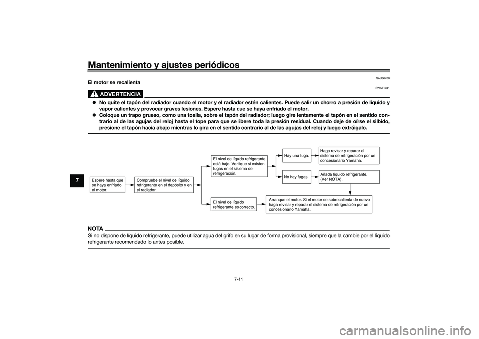 YAMAHA YZF-R1 2020 Manuale de Empleo (in Spanish) Mantenimiento y ajustes periódicos
7-41
7
SAU86420
El motor se recalienta
ADVERTENCIA
SWAT1041
No quite el tapón del ra dia dor cuan do el motor y el ra dia dor estén calientes. Pue de salir u YAMAHA YZF-R1 2020 Manuale de Empleo (in Spanish) Mantenimiento y ajustes periódicos
7-41
7
SAU86420
El motor se recalienta
ADVERTENCIA
SWAT1041
No quite el tapón del ra dia dor cuan do el motor y el ra dia dor estén calientes. Pue de salir u