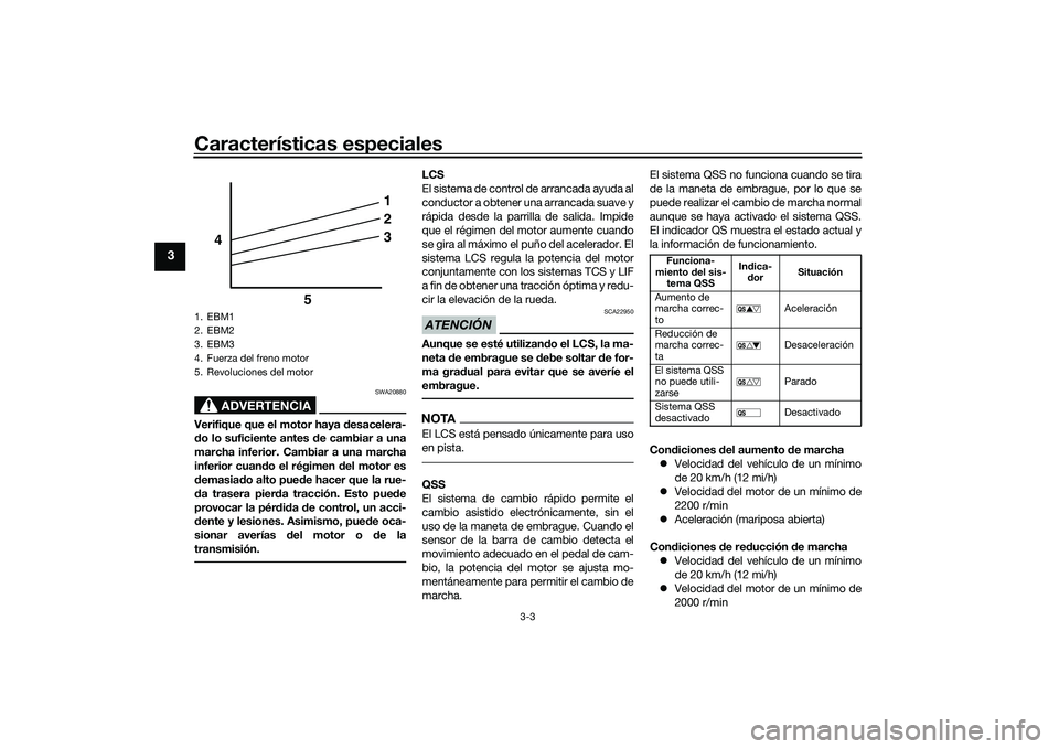 YAMAHA YZF-R1 2020 Manuale de Empleo (in Spanish) Características especiales
3-3
3
ADVERTENCIA
SWA20880
Verifique que el motor haya desacelera-
d o lo suficiente antes d e cambiar a una
marcha inferior. Cambiar a una marcha
inferior cuan do el régi YAMAHA YZF-R1 2020 Manuale de Empleo (in Spanish) Características especiales
3-3
3
ADVERTENCIA
SWA20880
Verifique que el motor haya desacelera-
d o lo suficiente antes d e cambiar a una
marcha inferior. Cambiar a una marcha
inferior cuan do el régi