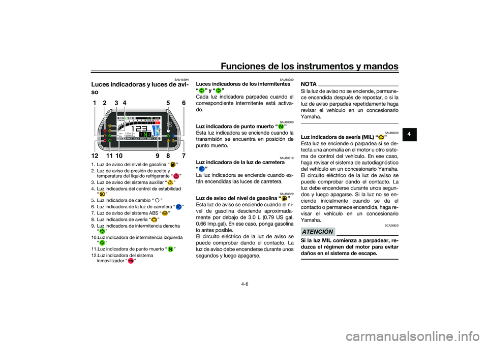 YAMAHA YZF-R1 2020  Manuale de Empleo (in Spanish) Funciones de los instrumentos y man dos
4-6
4
SAU4939H
Luces in dica doras y luces  de avi-
so
SAU88280
Luces ind icadoras  de los intermitentes
“” y“”
Cada luz indicadora parpadea cuando el
c