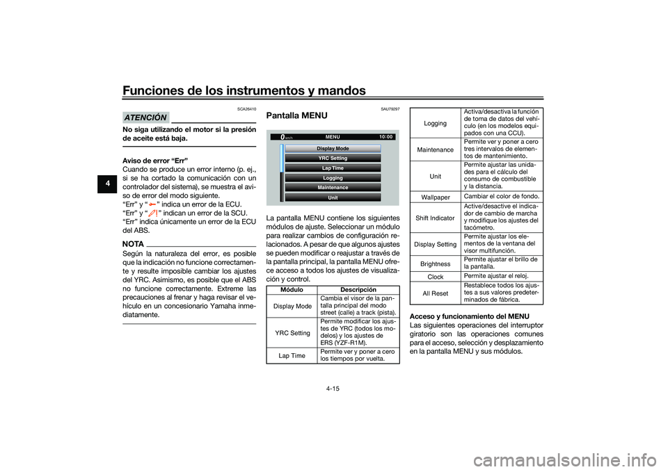 YAMAHA YZF-R1M 2020  Manuale de Empleo (in Spanish) Funciones de los instrumentos y man dos
4-15
4
ATENCIÓN
SCA26410
No siga utilizan do el motor si la presión
d e aceite está baja.Aviso  de error “Err”
Cuando se produce un error interno (p. ej.