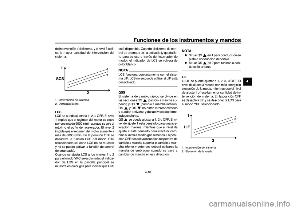 YAMAHA YZF-R1M 2020  Manuale de Empleo (in Spanish) Funciones de los instrumentos y man dos
4-18
4
de intervención del sistema, y el nivel 3 apli-
ca la mayor cantidad de intervención del
sistema.
LCS
LCS se puede ajustar a 1, 2, u OFF. El nivel
1 im