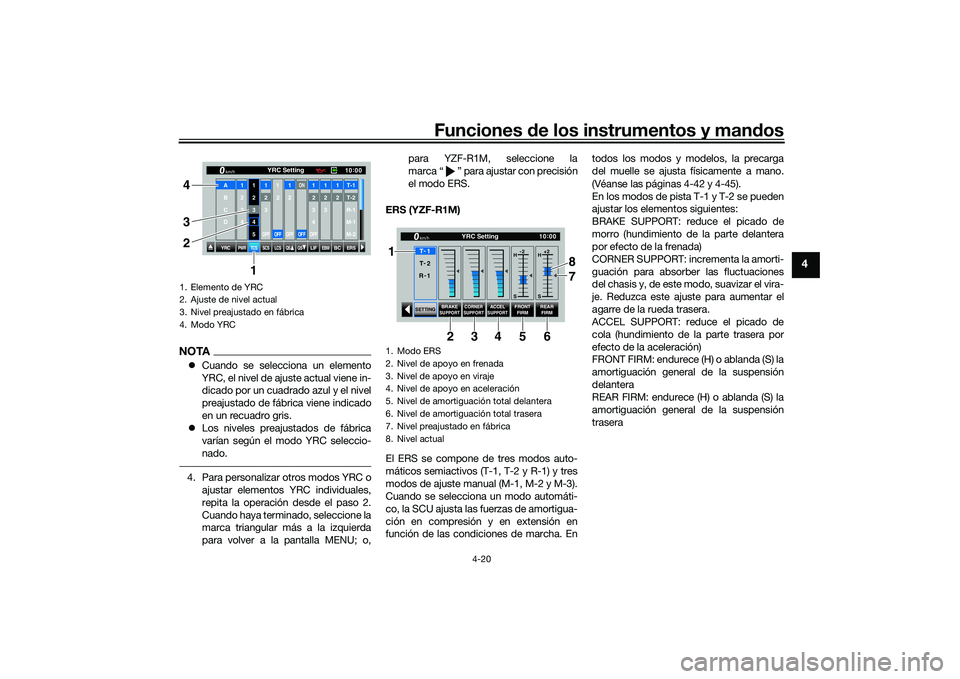 YAMAHA YZF-R1M 2020  Manuale de Empleo (in Spanish) Funciones de los instrumentos y man dos
4-20
4
NOTA Cuando se selecciona un elemento
YRC, el nivel de ajuste actual viene in-
dicado por un cuadrado azul y el nivel
preajustado de fábrica viene in