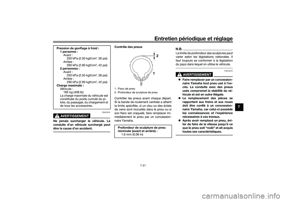YAMAHA YZF-R1 2020 Notices Demploi (in French) Entretien périodique et réglage
7-21
7
AVERTISSEMENT
FWA10512
Ne jamais surcharger le véhicule. La
con duite d’un véhicule surchargé peut
être la cause d’un acci dent.
Contrôle des pneus YAMAHA YZF-R1 2020 Notices Demploi (in French) Entretien périodique et réglage
7-21
7
AVERTISSEMENT
FWA10512
Ne jamais surcharger le véhicule. La
con duite d’un véhicule surchargé peut
être la cause d’un acci dent.
Contrôle des pneus