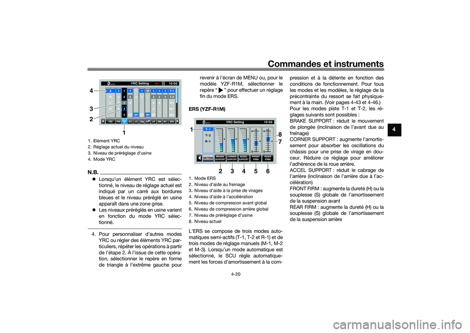 YAMAHA YZF-R1M 2020  Notices Demploi (in French) Commandes et instruments
4-20
4
N.B. Lorsqu’un élément YRC est sélec-
tionné, le niveau de réglage actuel est
indiqué par un carré aux bordures
bleues et le niveau préréglé en usine
app