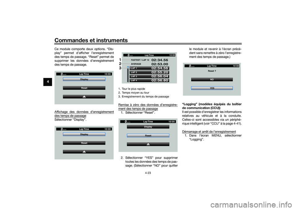 YAMAHA YZF-R1 2020 Notices Demploi (in French) Commandes et instruments
4-23
4
Ce module comporte deux options. “Dis-
play” permet d’afficher l’enregistrement
des temps de passage. “Reset” permet de
supprimer les données d’enregistr YAMAHA YZF-R1 2020 Notices Demploi (in French) Commandes et instruments
4-23
4
Ce module comporte deux options. “Dis-
play” permet d’afficher l’enregistrement
des temps de passage. “Reset” permet de
supprimer les données d’enregistr