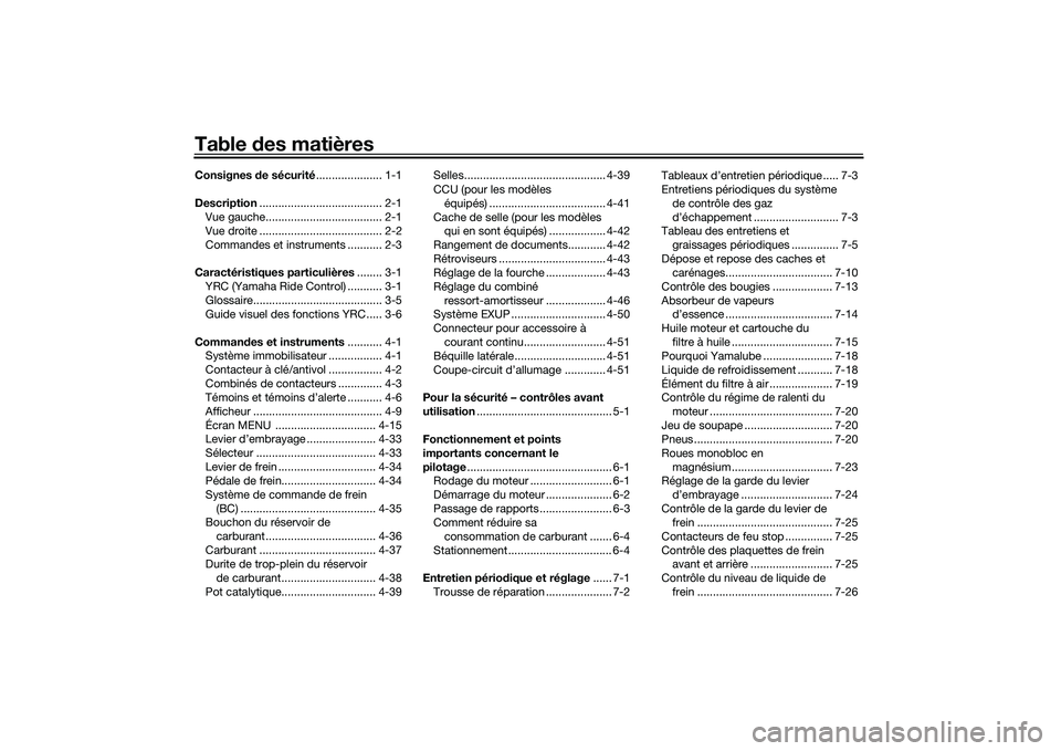 YAMAHA YZF-R1 2020  Notices Demploi (in French) Table des matièresConsignes  de sécurité ..................... 1-1
Description ....................................... 2-1
Vue gauche..................................... 2-1
Vue droite ...........