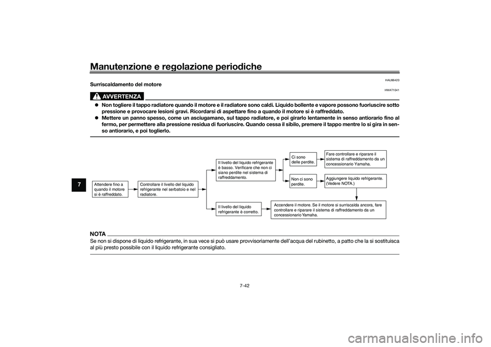 YAMAHA YZF-R1M 2020  Manuale duso (in Italian) Manutenzione e regolazione perio diche
7-42
7
HAU86420
Surriscal damento  del motore
AVVERTENZA
HWAT1041
 Non to gliere il tappo rad iatore quand o il motore e il ra diatore sono cal di. Li qui do 