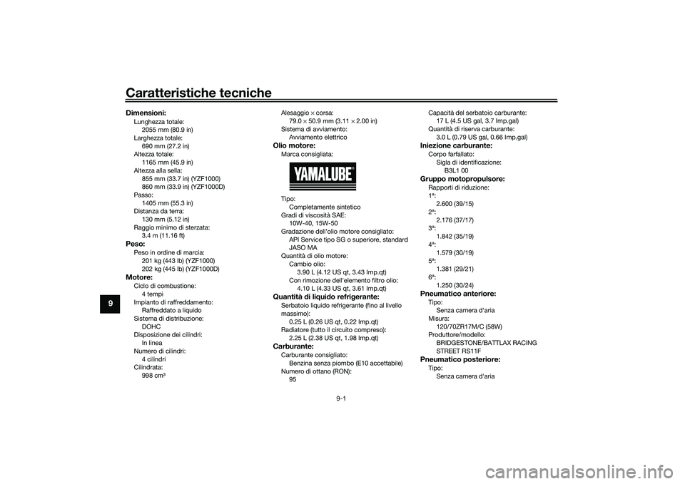 YAMAHA YZF-R1M 2020  Manuale duso (in Italian) Caratteristiche tecniche
9-1
9
Dimensioni:Lunghezza totale:2055 mm (80.9 in)
Larghezza totale:
690 mm (27.2 in)
Altezza totale: 1165 mm (45.9 in)
Altezza alla sella: 855 mm (33.7 in) (YZF1000)
860 mm 